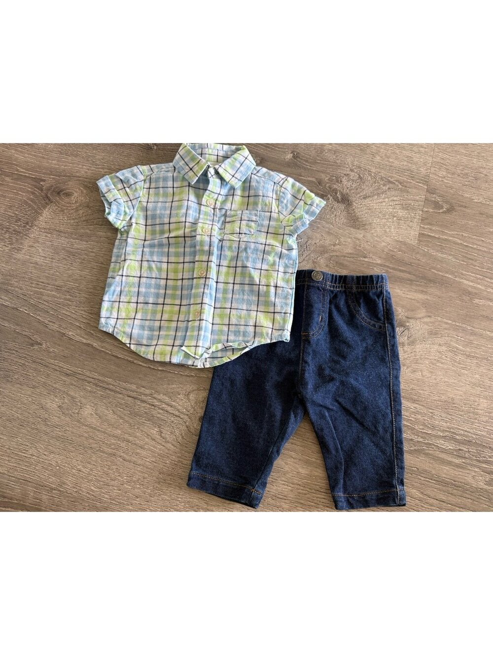Little Me, Blue & Green Paid Button-up & Jean-like Pants Set, 3 months